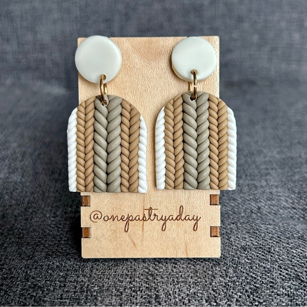 Fun, Cable Knit Sweater Pattern Clay Drop Dangle Earrings, White, Tan
